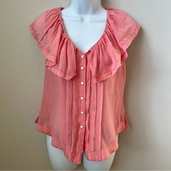 Moulinette Soeurs Silk Blend Ruffle Blouse Button Up Sheer Boho Flirty Pink Sz 4 - Picture 1 of 7